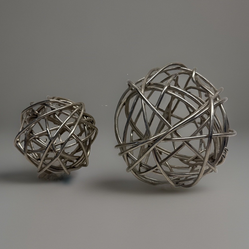 Lot Of 2 Decorative Hand Made Silver Tone Modern Metal Yarn Balls MCM Fast Ship!
